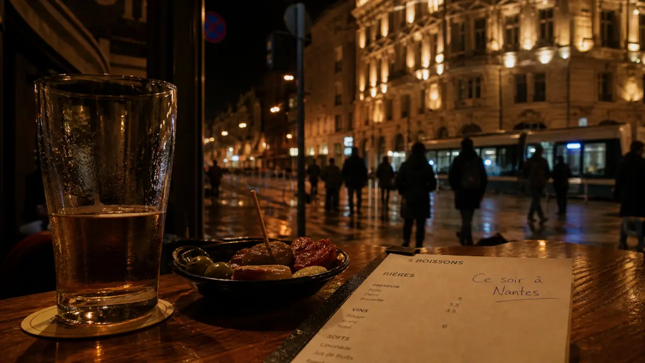 Ce soir à Nantes : bar, verre et tapas, rue animée nocturne