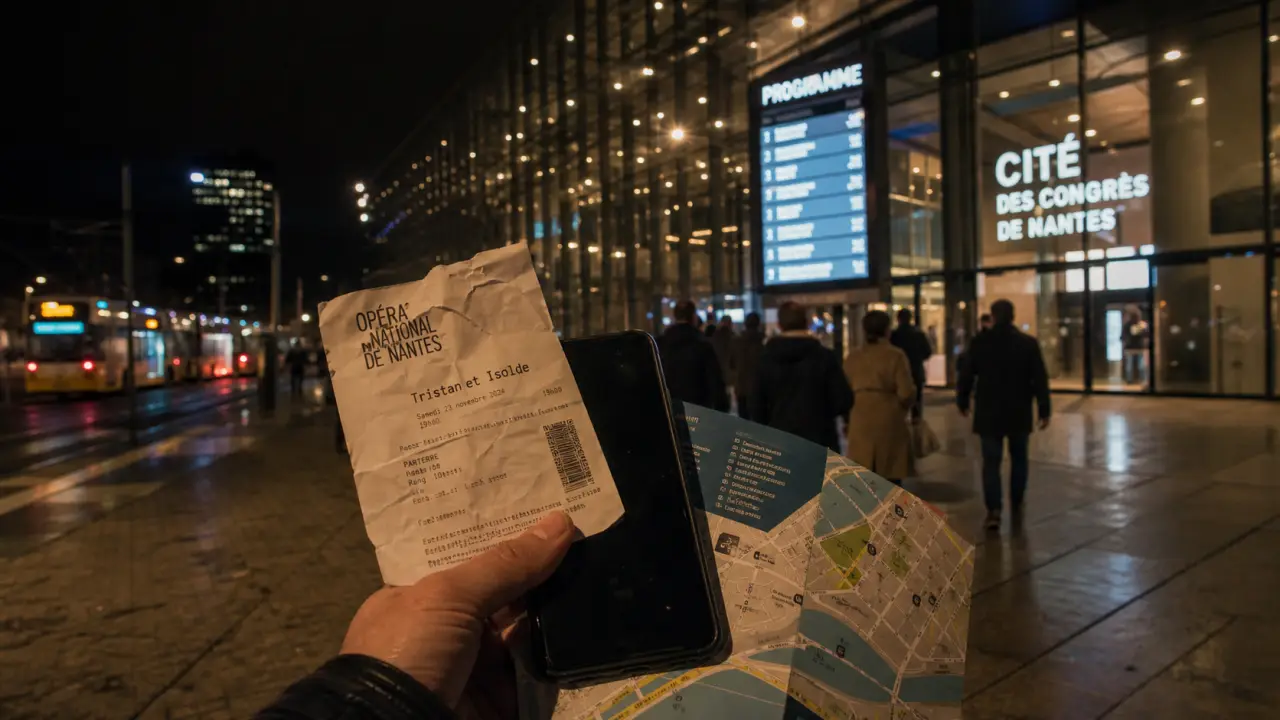 Cite des congres nantes : programme concerts et scenes, billets et smartphone devant l’entree