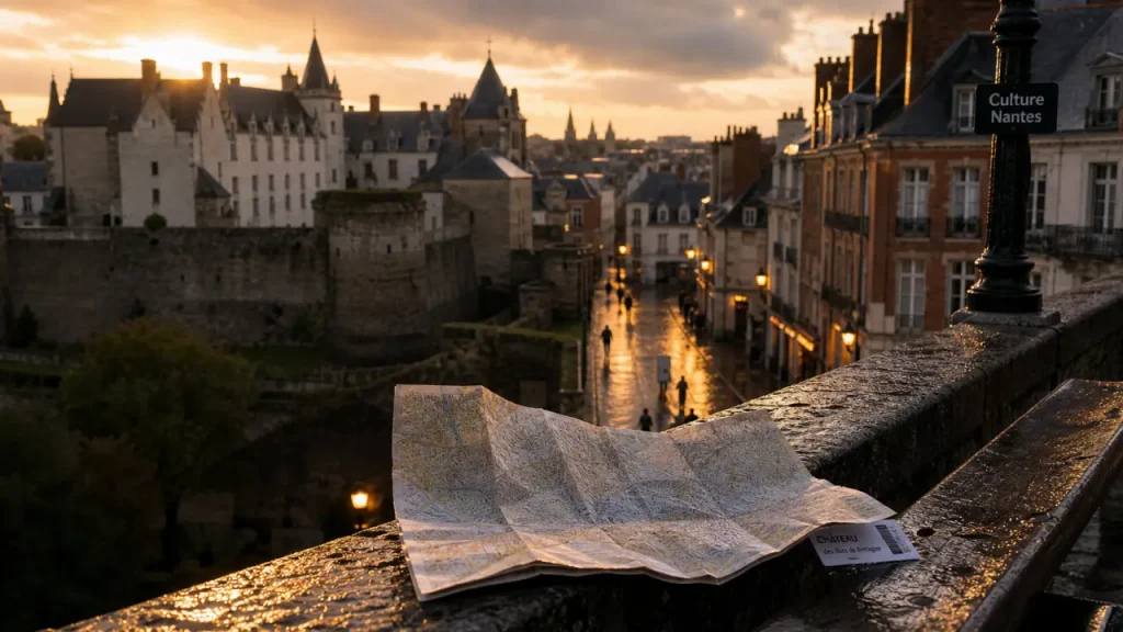Culture Nantes : banc, ticket de musée et Château des ducs de Bretagne au coucher du soleil