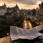 Culture Nantes : banc, ticket de musée et Château des ducs de Bretagne au coucher du soleil