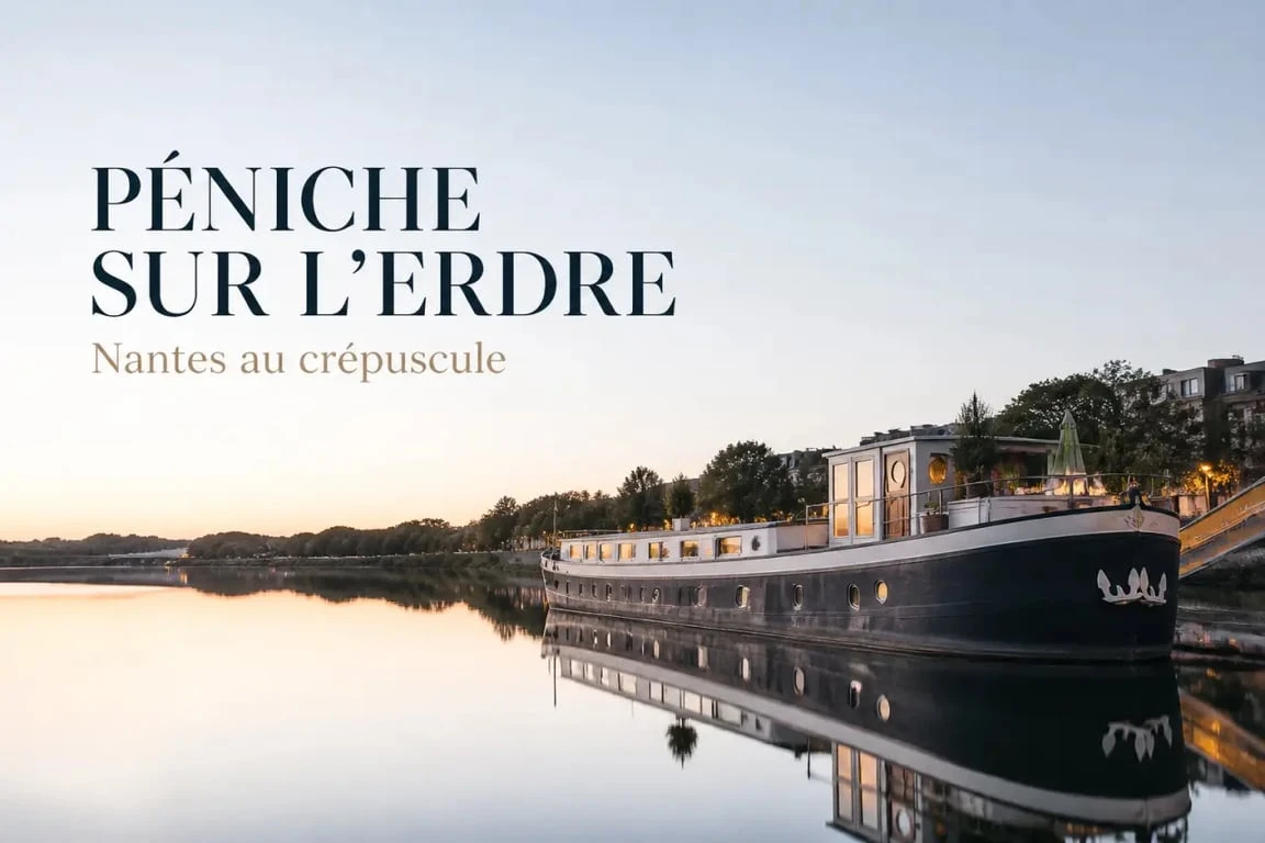 Péniche week end Nantes amarrée sur l’Erdre au crépuscule