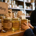 Famille Mary Nantes : pots de miel en boutique, sortie famille