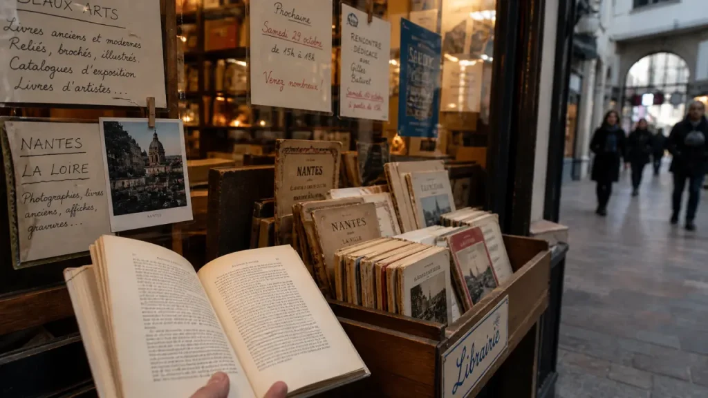Librairie Nantes : livres anciens à trier en vitrine