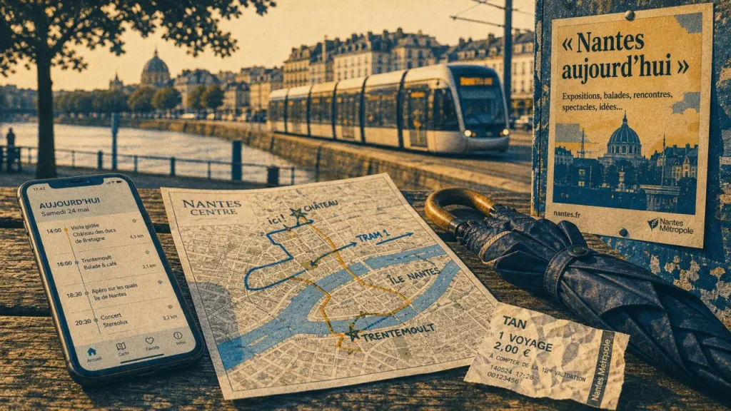 Nantes aujourd'hui : smartphone sur agenda d'événements, carte du centre et tramway