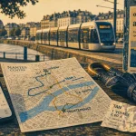 Nantes aujourd'hui : smartphone sur agenda d'événements, carte du centre et tramway