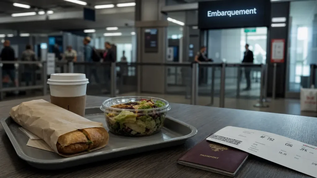 Restaurant aeroport Nantes : table repas avant contrôle de sécurité