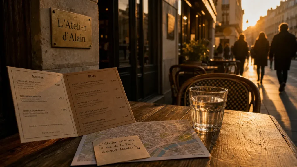 restaurant l'atelier d'alain nantes, menu et adresse sur table au restaurant