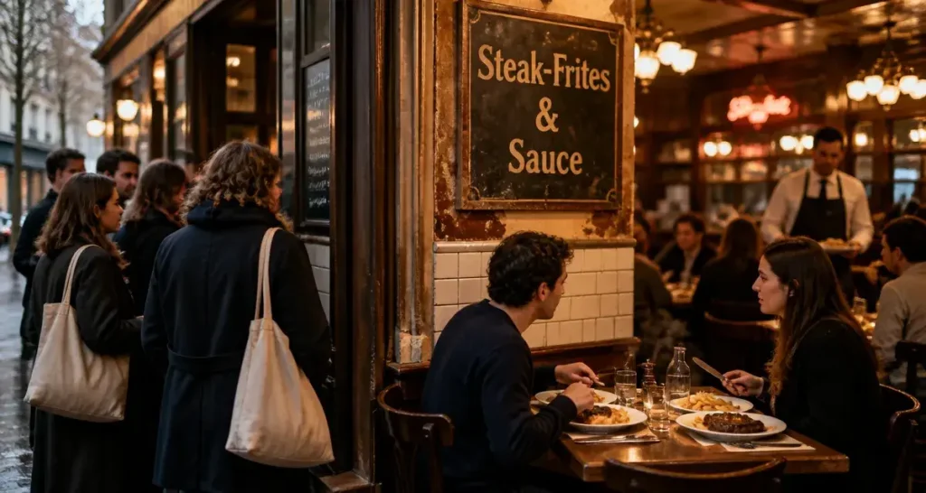 File d’attente restaurant l'entrecote Nantes, steak-frites fumantes.