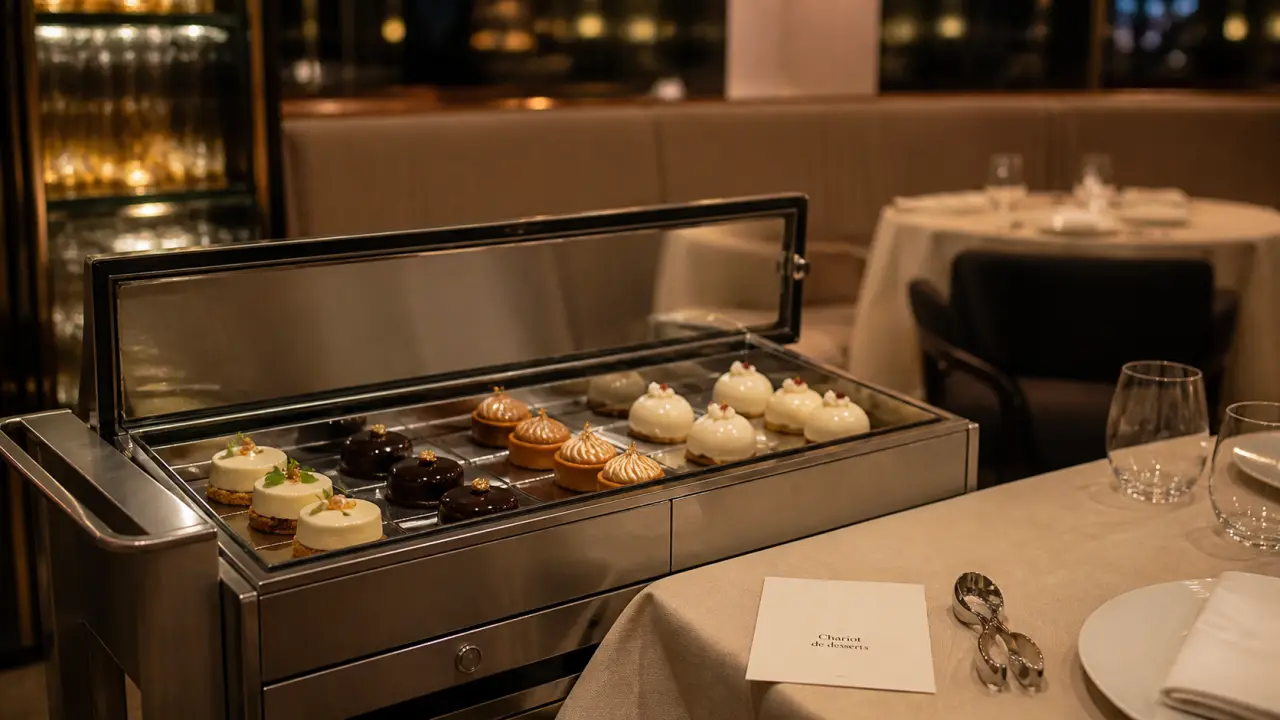 restaurant vatel nantes : chariot de desserts sur table ivoire