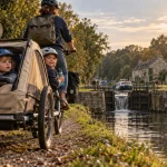 Canal de Nantes à Brest à vélo en famille, vélo avec remorque sur le halage