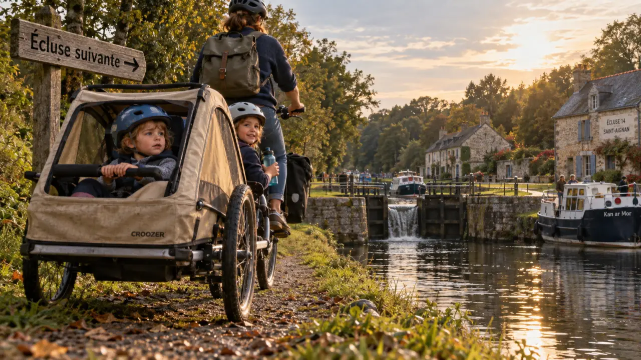 Canal de Nantes à Brest à vélo en famille, vélo avec remorque sur le halage