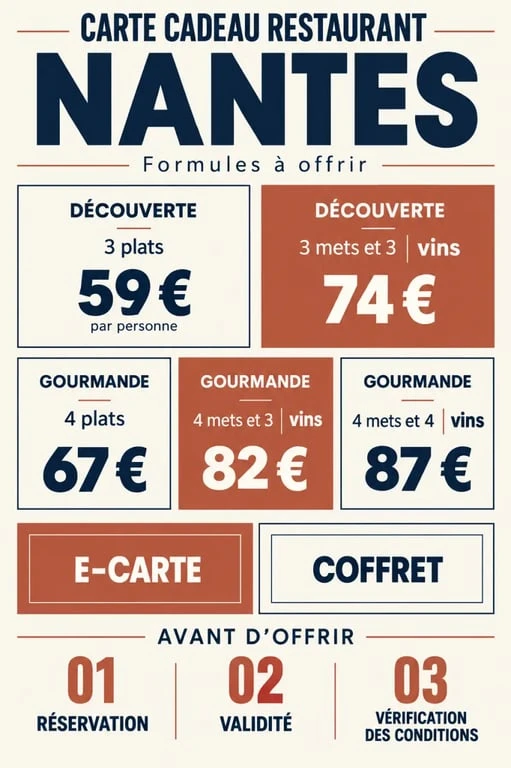 Carte cadeau restaurant Nantes : infographie des formules, prix et options de réservation