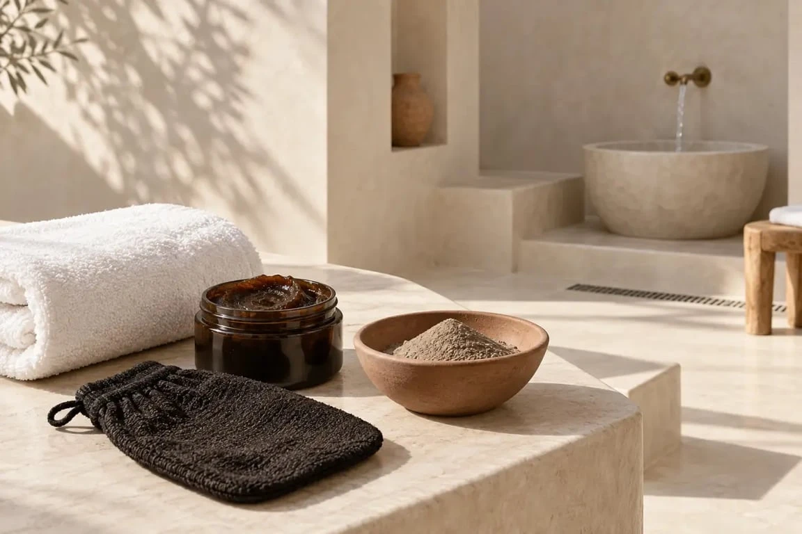 Rituel de hammam à Nantes avec savon noir et gant de kessa
