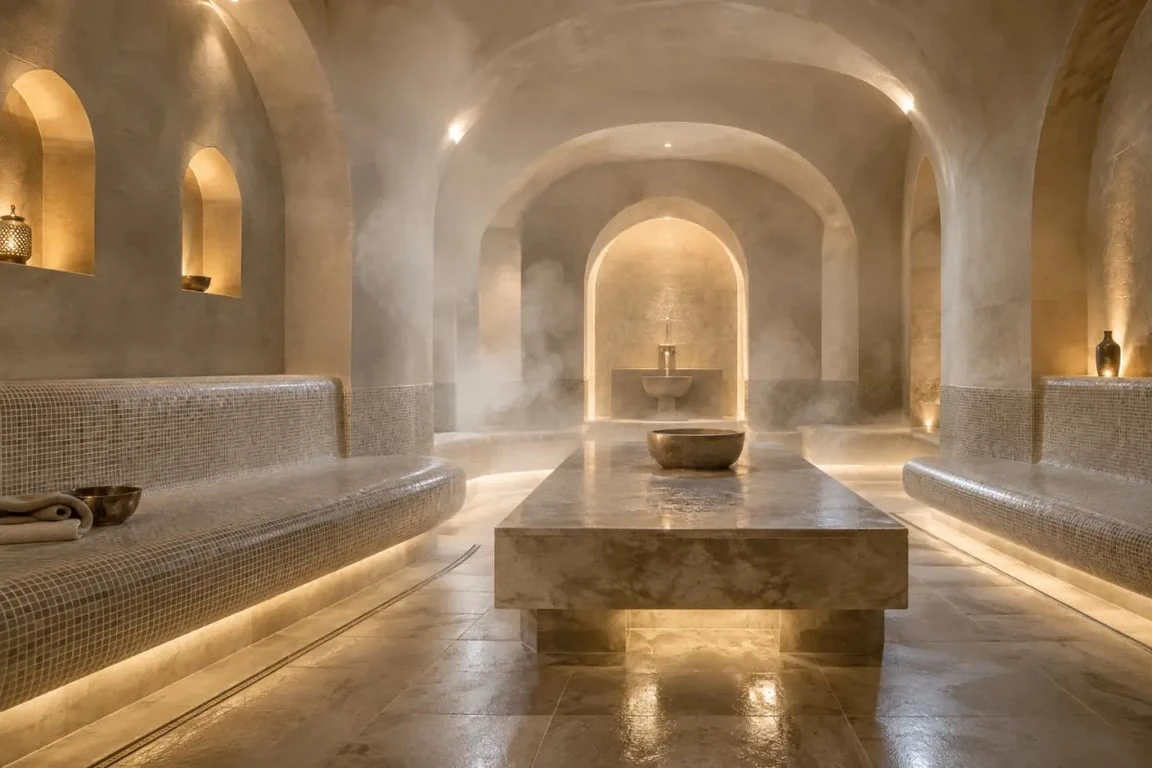 Ambiance d’un hammam à Nantes avec vapeur et banquettes carrelées