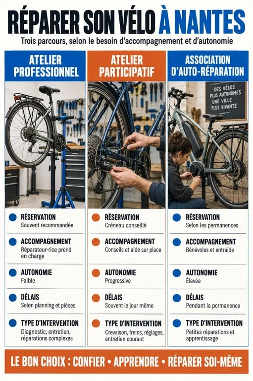 Atelier vélo Nantes : comparaison entre atelier professionnel, atelier participatif et auto-réparation