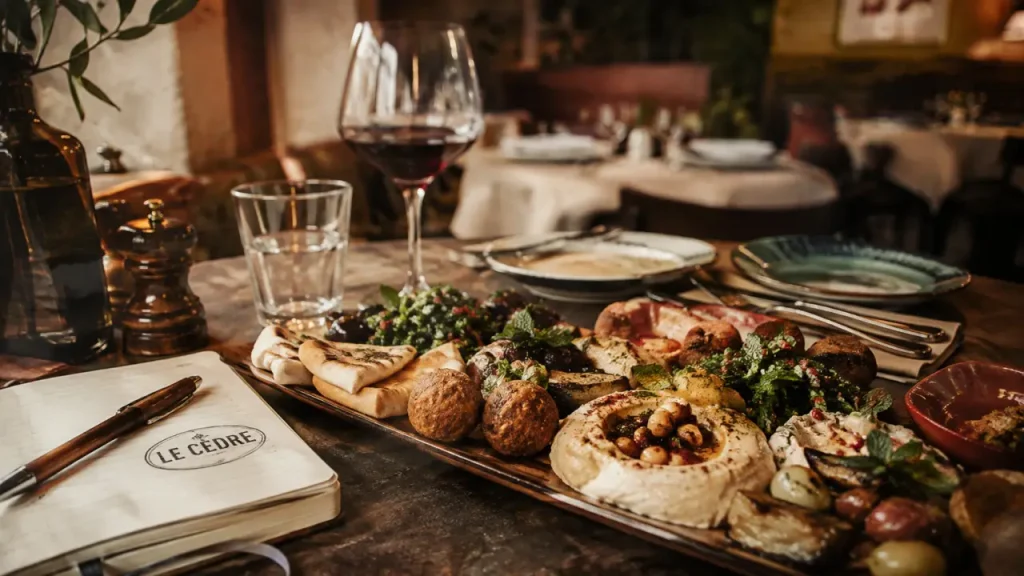 Le cedre restaurant nantes : mezze à partager sur table en bois sombre