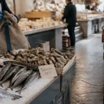 Marche talensac à Nantes : étal de poissonnerie aux huîtres et glace