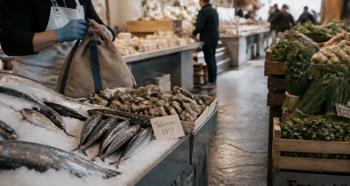 Marche talensac à Nantes : étal de poissonnerie aux huîtres et glace