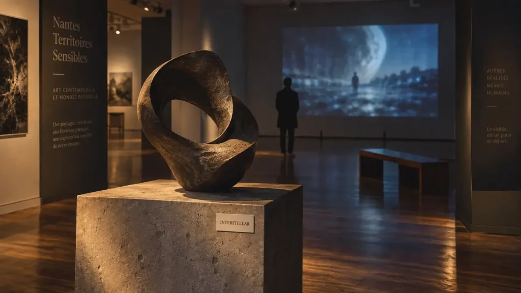 Nantes exposition art contemporain : intérieur de musée avec sculpture et projection vidéo
