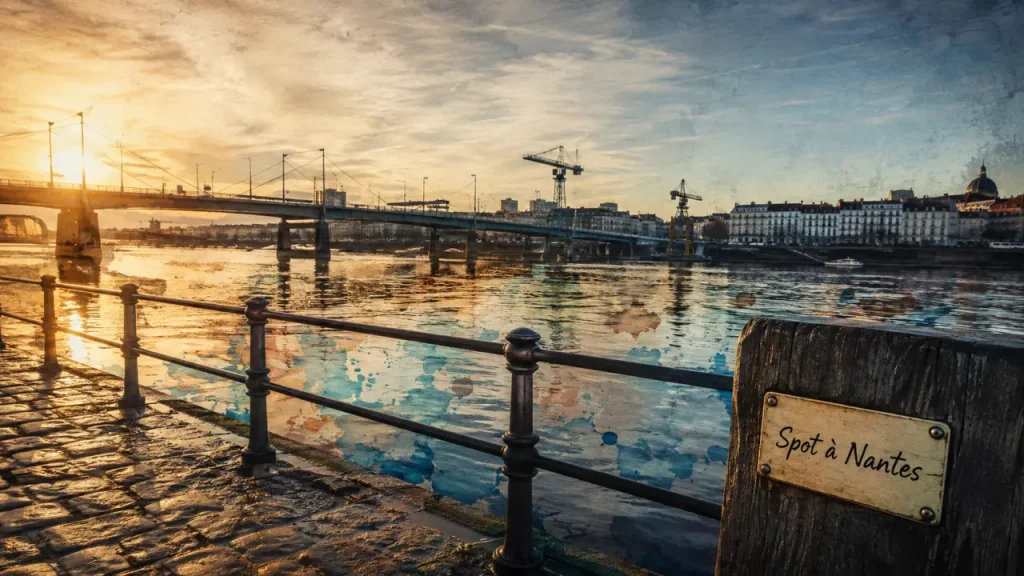 Nantes spot : bord de Loire à Nantes, eau et pont au coucher du soleil