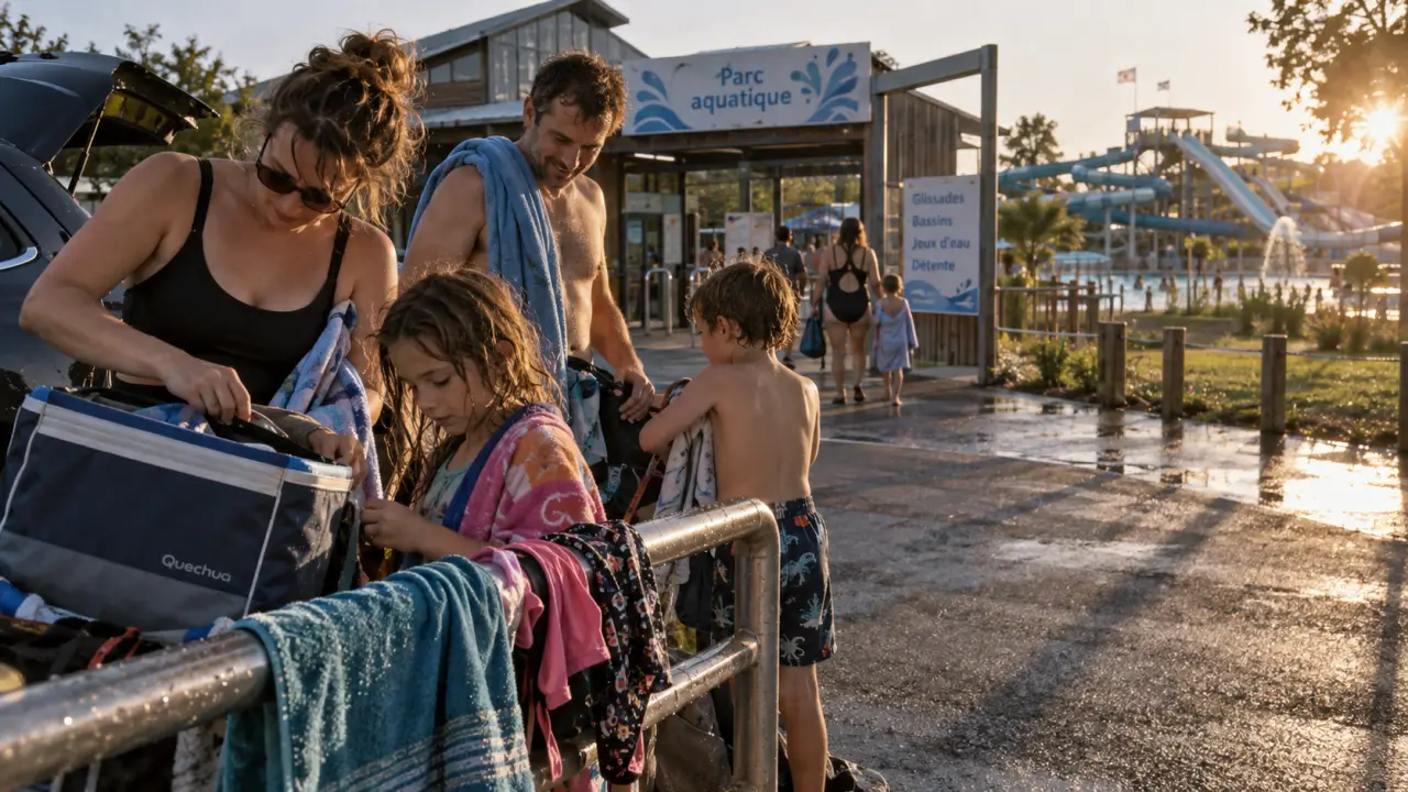 Parc aquatique Bordeaux : famille au parc de loisirs près de Nantes, maillots et sacs isothermes
