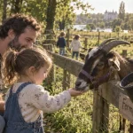 Parc lyon à Nantes : fillette observe une chèvre à la ferme d’éveil