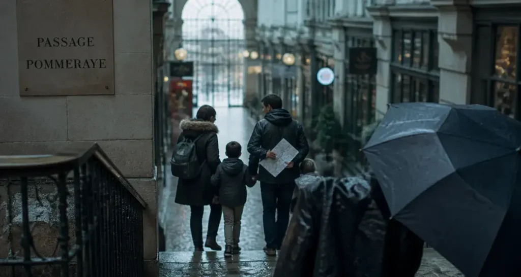 Pluie Nantes au Passage Pommeraye couvert, parapluie noir