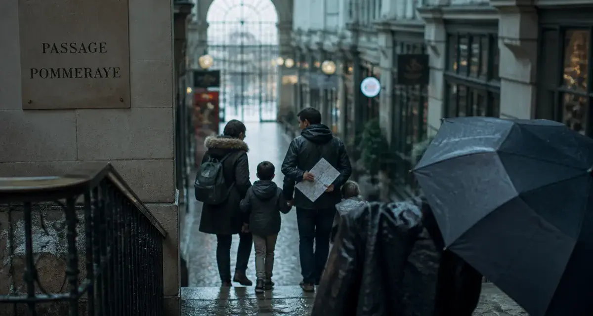 Pluie Nantes au Passage Pommeraye couvert, parapluie noir