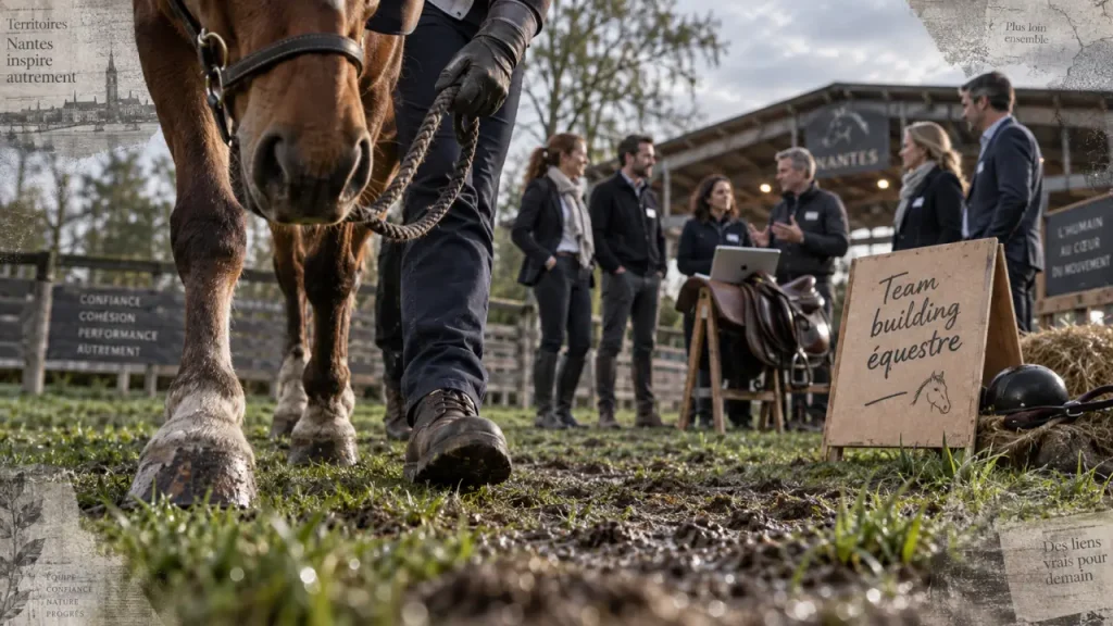 Séminaire team building avec activités équestres à Nantes : équipe guidant un cheval