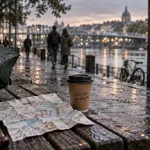 Sorti 44 Nantes : quai de Loire, parapluie et carte, lumière du littoral