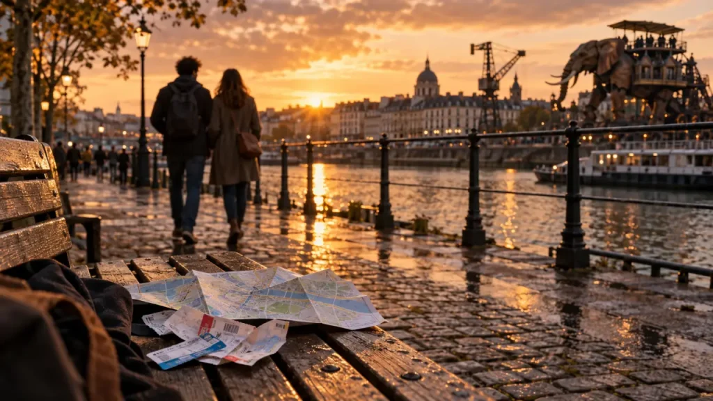 Week end nantes amoureux sur les quais de la Loire à Nantes, couple au coucher du soleil