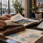 Agence tourisme Nantes : conseiller prépare un voyage sur mesure à partir d’un dossier et d’un itinéraire